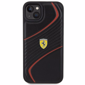 Ferrari dygsniuotas metalo logotipa dėklas iPhone 15 Plus – juodas