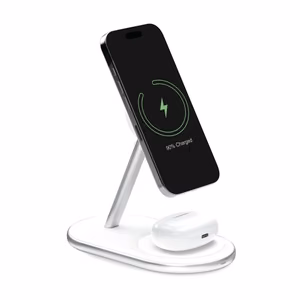 2in1 Puro Mag Station belaidė įkrovimo stotelė telefonui ir ausinėms - balta