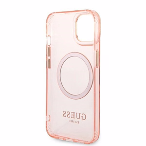 Guess GUHMP14MHTCMP iPhone 14 Plus 6.7" rožinis/rožinis kietas dėklas Auksinis kontūras Permatomas Magnetinis