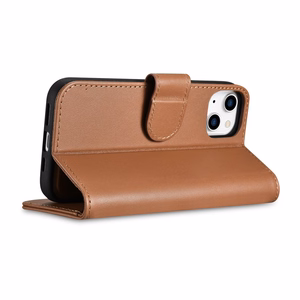 iCarer Piniginės dėklas 2in1 viršelis iPhone 14 Plus Anti-RFID odinis atverčiamas dėklas rudas (WMI14220727-BN)