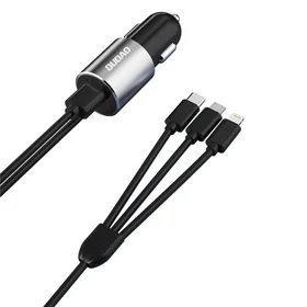 Dudao 3in1 USB automobilių įkroviklis 3,4 A su įmontuotu kabeliu Lightning / USB Type C / micro USB - juodas (m)