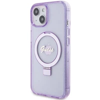 Guess dėklas telefonui su stovu Ring Stand Script Glitter magnetinis iPhone 15 Plus / 14 Plus - violetinis