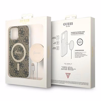 Rinkinys Guess GUBPP12MH4EACSW dėklas + įkroviklis iPhone 12/12 Pro rudas kietas dėklas su 4G raštu Magnetinis