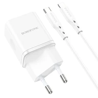Borofone Sieninis įkroviklis BN7 - USB + Type C - QC 3.0 PD 20W su Type C į Lightning kabeliu baltas
