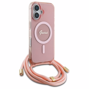 Guess Crossbody Cord Script MagSafe Dėklas telefonui Apple iPhone 16 - rožinis