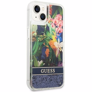 Guess GUHCP14SLFLSB iPhone 14 6.1 "mėlynas kietas dėklas Flower Liquid Glitter