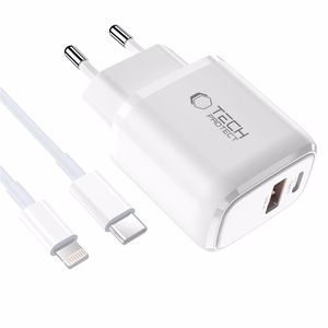 Tech-Protect NCA30 PD 30W QC3.0 USB-A / USB-C sieninis įkroviklis + USB-C / Lightning kabelis 100cm - baltas