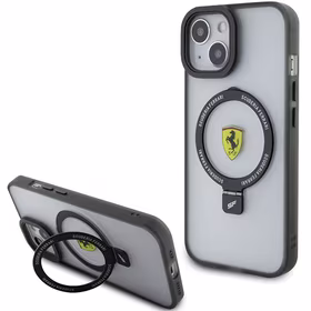 Ferrari FEHMP15SUSCAK iPhone 15 6.1" juodas/juodas kietas dėklas su žiediniu stovu 2023 kolekcija Magnetinis