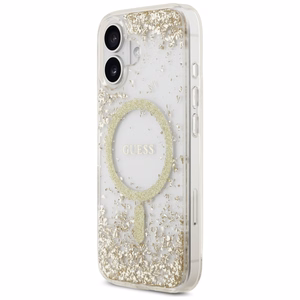 Guess Resin Bottom Glitter Magnetinis dėklas telefonui iPhone 17 - auksinė