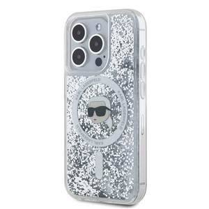 Karl Lagerfeld Skystas blizgutis Karl Head Magnetinis dėklas telefonui iPhone 15 Pro – permatomas