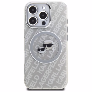 Karl Lagerfeld IML Glitter Karl & Choupette Heads Logo MagSafe dėklas iPhone 16 Pro - pilkas