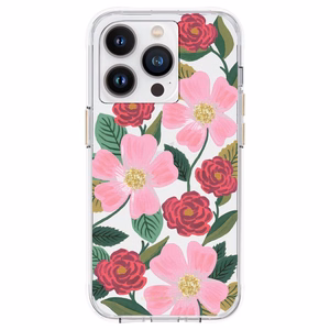 Rifle Paper Clear dėklas, skirtas iPhone 14 Pro, su aukso spalvos dekoru, „Rose Garden“ rašto