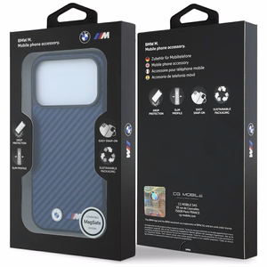 BMW M Carbon Metal Logo MagSafe dėklas, skirtas iPhone 17 Pro / 18 Pro – tamsiai mėlynas