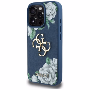 Guess Grained Roses Big 4G logo dėklas telefonui iPhone 16 Pro Max - mėlynas