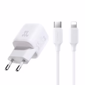 Joyroom JR-TG7 33W USB-A + USB-C sieninis įkroviklis su 30W USB-C - Lightning 1m laidu - baltas