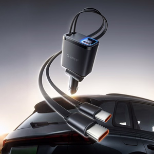 Orico Twin Reach 45W USB-A + USB-C automobilinis įkroviklis su dviem sutraukiamais USB-C laidais - juodas