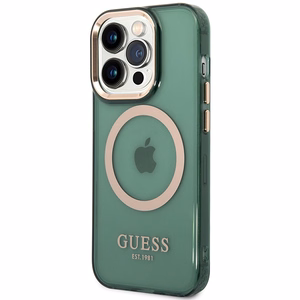 Guess GUHMP14XHTCMA iPhone 14 Pro Max 6.7 kietasis dėklas – žalias/khaki – su auksiniu kontūru ir skaidrus MagSafe