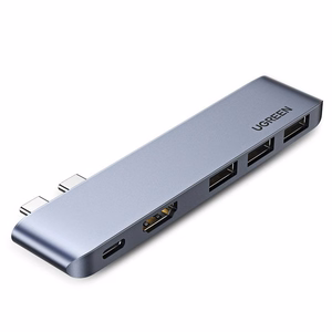 Ugreen HUB 60559 2x USB-C / USB-C PD (Thunderbolt 3, 100W, 4K 60 Hz, 10 Gbps) / HDMI 4K 30 Hz / 3x USB 3.0 MacBook Pro / Air - pilkas