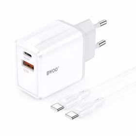 BWOO sieninis įkroviklis CDA182 QC 38W 1x USB-A + 1x USB-C su USB-C kabeliu 1 m juodas