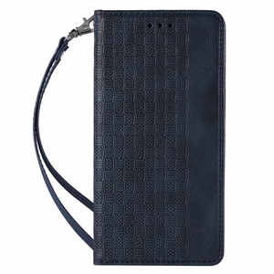 Magnetinis dėklas telefonui Samsung Galaxy S22+ (S22 Plus) su dirželiu, pinigine ir mažu pakabuku - mėlynas