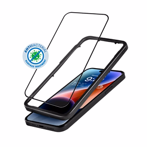 Crong Anti-Bacterial 3D Armor Glass 9H visą ekraną dengiantis grūdintas apsauginis stiklas, skirtas iPhone 14 Pro, su montavimo rėmeliu