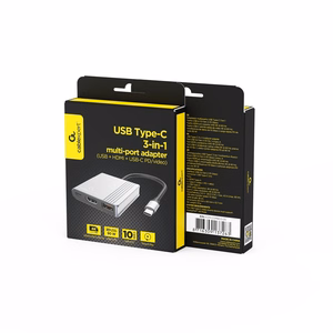 Gembird A-CM-COMBO3-05 USB Type-C 3-in-1 daugiafunkcis adapteris (USB prievadas + HDMI + USB-C vaizdo), tamsiai pilkas