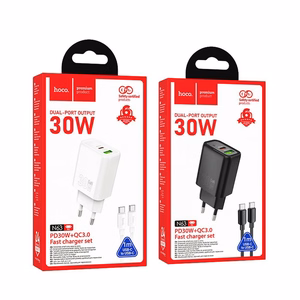 Įkroviklis telefonui Hoco USB A + USB C QC3.0 PD 3A 30W + kabelis USB C į USB C N63 juodas