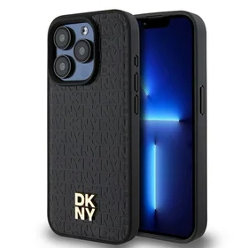 DKNY Odinis monogramos rašto metalinis logotipas Magnetinis dėklas iPhone 15 Pro - juoda
