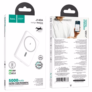 Išorinė baterija Hoco 5000 mAh QC PD 2A 20W itin plona J140A balta, suderinama su MagSafe