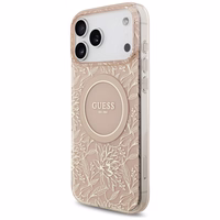 Guess IML Flowers Electro Pearl Strap MagSafe dėklas telefonui iPhone 17 Pro Max - rožinis