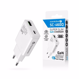EVERACTIVE GaN tinklo įkroviklis 1× USB-C, 1× USB Quick Charge 3.0 45 W PD, baltas