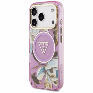Guess IML Glitter Flowers Triangle MagSafe dėklas, skirtas iPhone 17 Pro / 18 Pro – violetinis