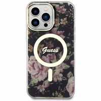Guess GUHMP14XHCFWSK iPhone 14 Pro Max 6.7" juodas kietas dėklas Flower Magnetinis