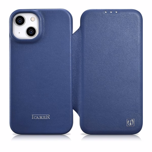 iCarer CE Premium odinis folio dėklas iPhone 14 Plus magnetinis atverčiamas odinis folio dėklas MagSafe mėlyna