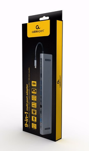Gembird A-CM-COMBO9-01 USB Type-C 9-in-1 kelių prievadų adapteris (USB šakotuvas + HDMI + VGA + PD + kortelių skaitytuvas + LAN + 3,5 mm garsas), erdvė pilka