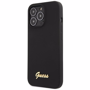 Dėklas Guess GUHCP13XLSLMGBK iPhone 13 Pro Max 6.7" juoda/juoda kietas dėklas Silikoninis Užrašas Auksinis Logotipas
