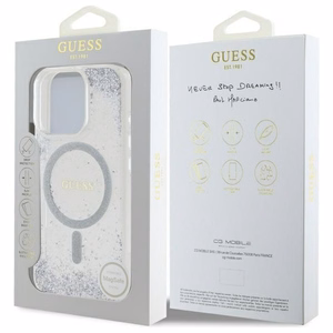 Guess dervos gradientinis blizgus magnetinis dėklas iPhone 16 Pro telefonui – sidabrinis
