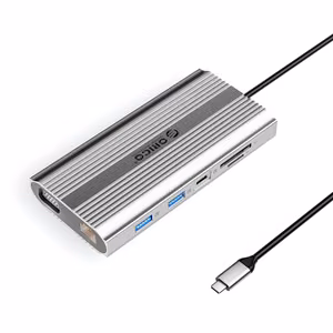 Orico XDR 12 viename USB-C prijungimo stotelė USB-A USB-C HDMI 4K VGA RJ45 Gigabit PD 100W SD ir microSD kortelių skaitytuvas - sidabrinė