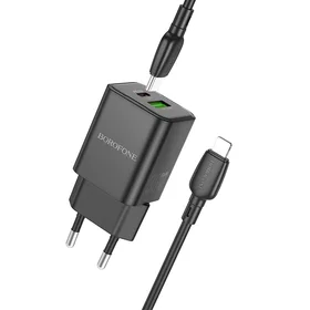 Borofone Sieninis įkroviklis BN14 Royal GaN - USB + Type C - QC 3.0 PD 30W su Type C į Lightning kabeliu juodas