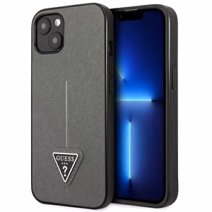 Guess GUHCP13SPSATLG iPhone 13 mini 5.4 dėklas telefonui, sidabrinis, kietas, Saffiano trikampio logotipu