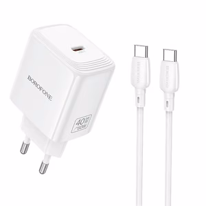Borofone BN33 Fuente GaN USB-C tinklo įkroviklis QC3.0 PD 40W su USB-C laidu baltas