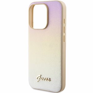 Guess Saffiano Iridescent Script dėklas iPhone 14 Pro - auksinis