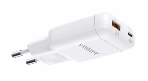 Telefono įkroviklis USB A + Type C PD 45 W + duomenų perdavimo kabelis Type C į C 100 W VEGER TR121, baltas