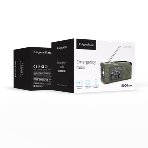Kruger&Matz nešiojamasis saulės energijos avarinis radijas su SOS, 5000 mAh išorine baterija, žibintuvėliu ir dinama