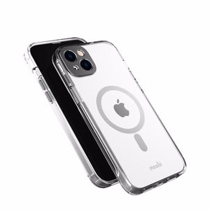 Moshi iGlaze dėklas, skirtas iPhone 14 Plus, suderinamas su MagSafe, skaidrus su „Meteorite Gray“ spalvos detalėmis