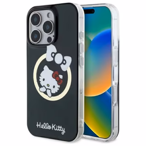 Hello Kitty IML Linksmas kaspinas magnetinis iPhone 16 Pro dėklas - juodas