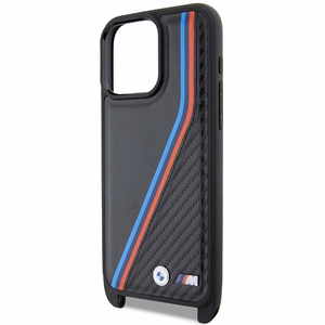 BMW M Edition anglies trispalvės linijos ir dirželis dėklas telefonui iPhone 15 Pro - juodas