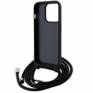 Karl Lagerfeld kryžminis Saffiano metalinis ženkliukas Karl & Choupette dėklas telefonui iPhone 15 Pro - juodas