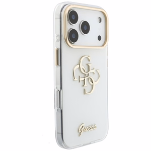 Guess IML 4G Script Metal dėklas, skirtas iPhone 18 Pro / 17 Pro, baltas