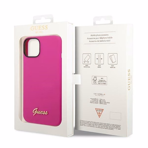 Guess silikoninis Vintage Gold Logo dėklas iPhone 14 / 15 Plus fuksijos